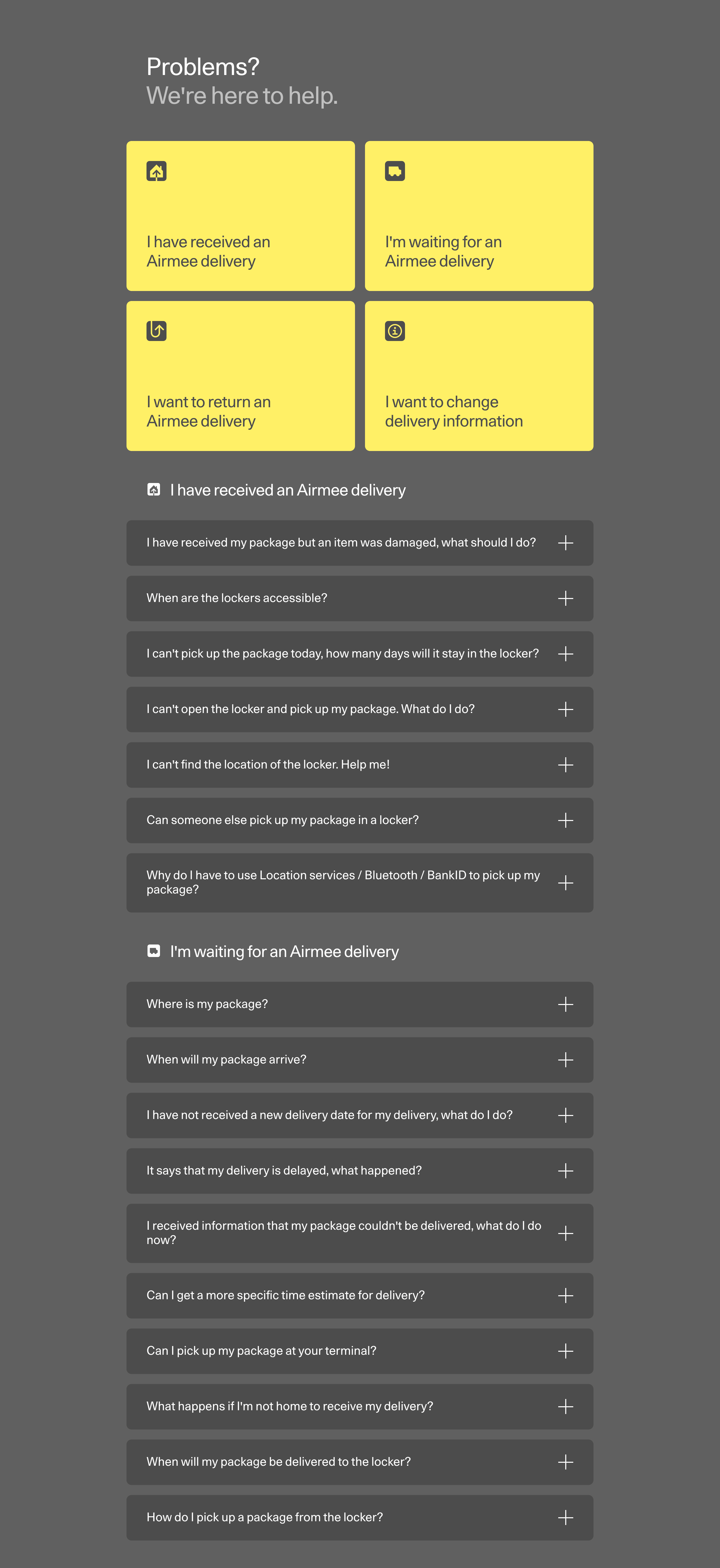 Airmee Delivery Support FAQ Design