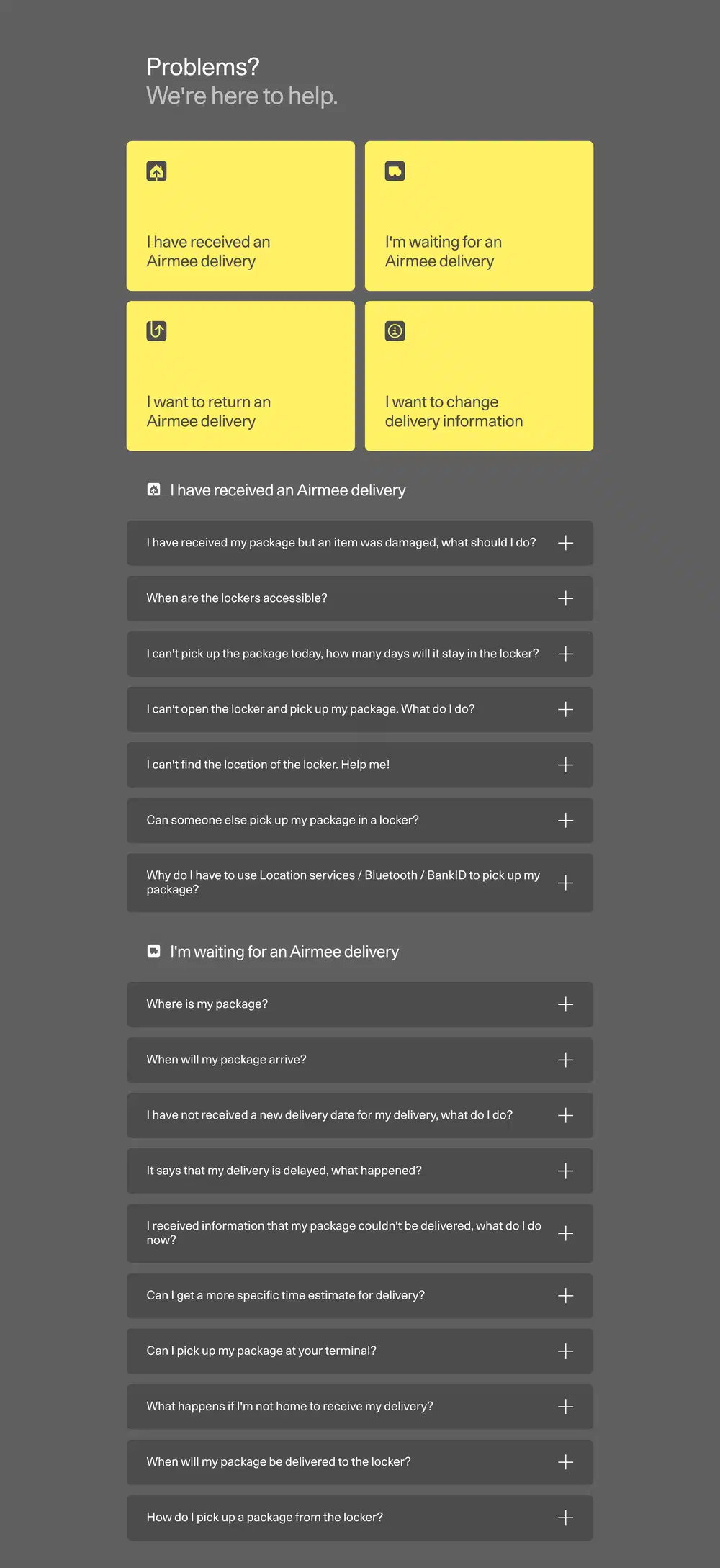 Airmee Delivery Support FAQ Design