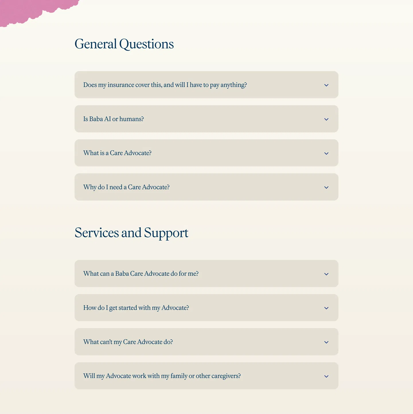 Baba Common Questions FAQ Design