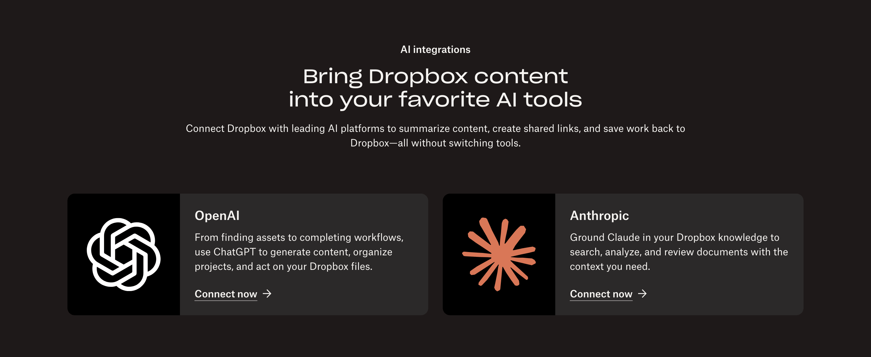 Dropbox AI Integrations Feature Cards Design