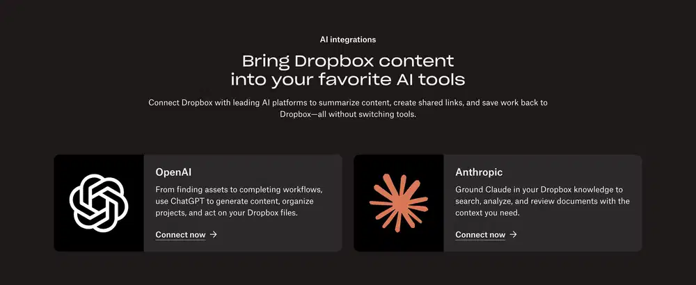 Dropbox AI Integrations Feature Cards Design