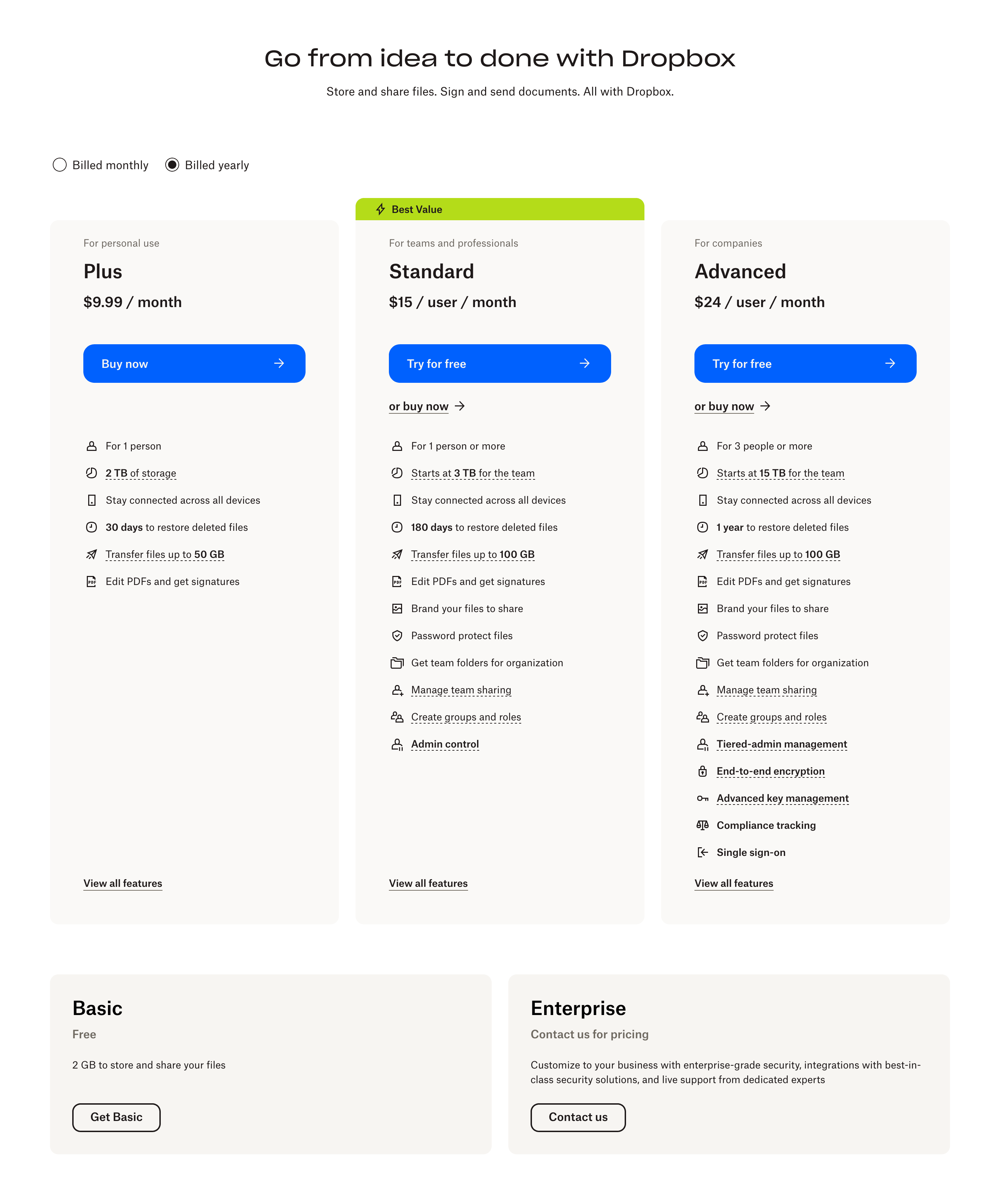 Dropbox Pricing Plans Comparison Design