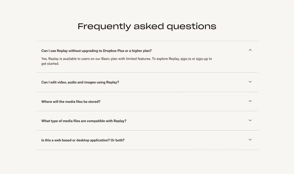 Dropbox Replay FAQ Design