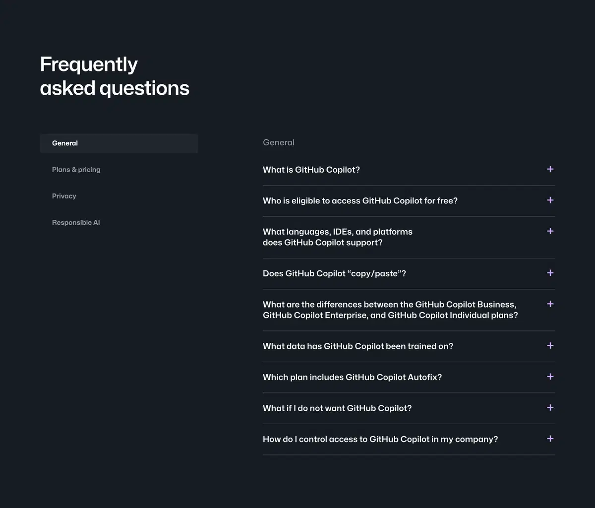 Github Copilot FAQs Section