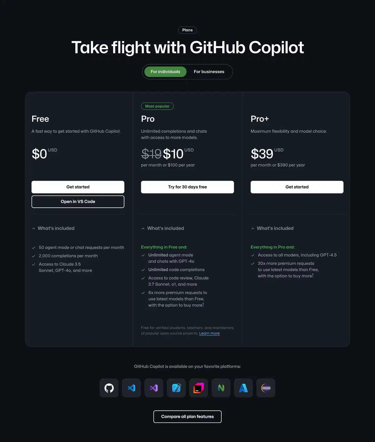 Github Copilot Pricing Section