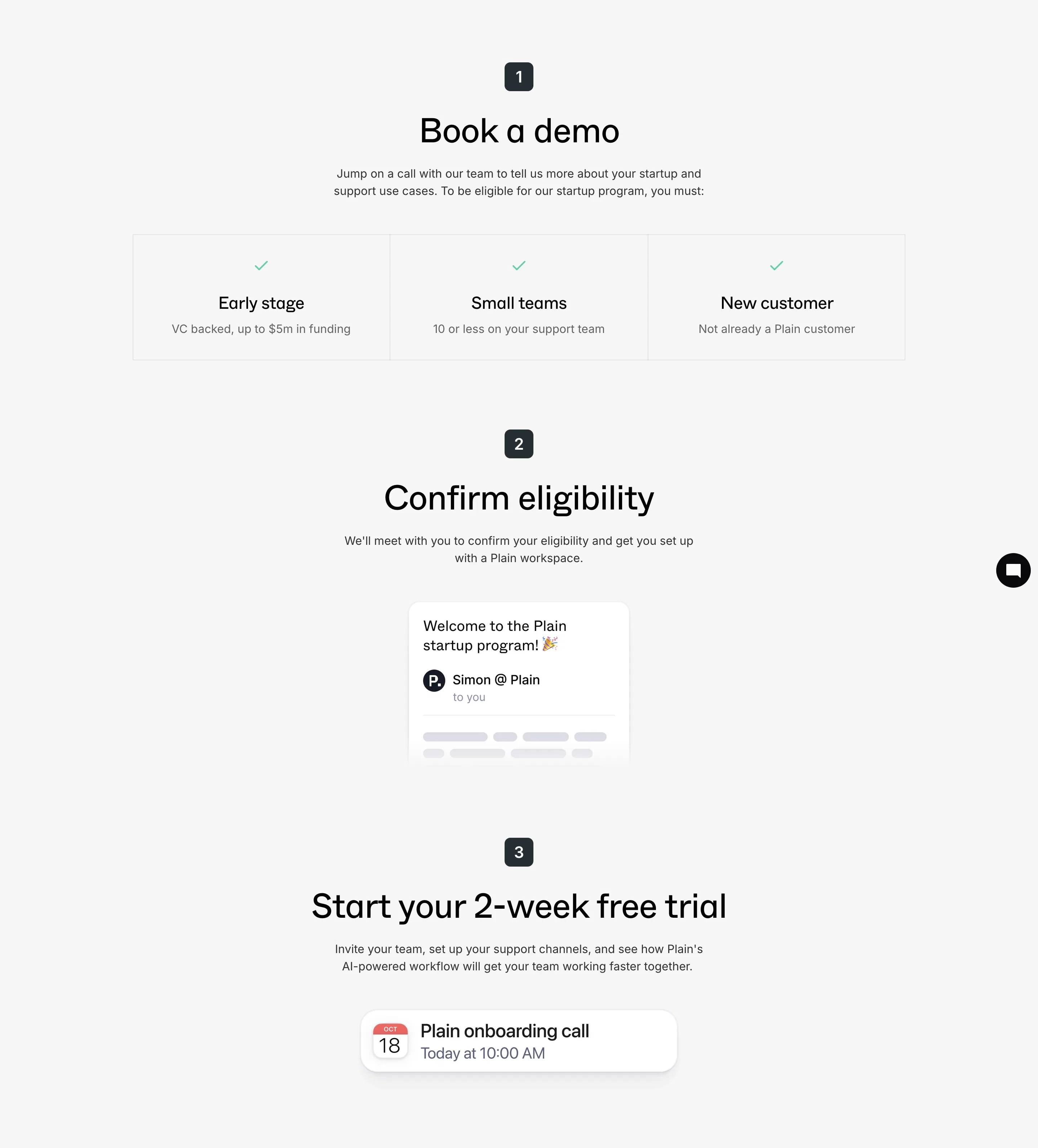 Plain Startups Page Section Steps