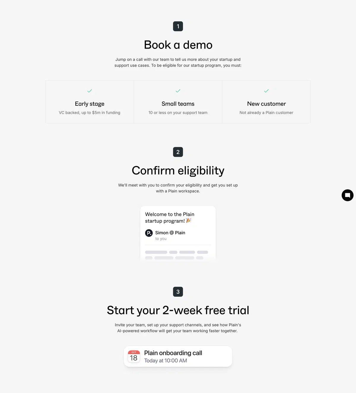 Plain Startups Page Section Steps