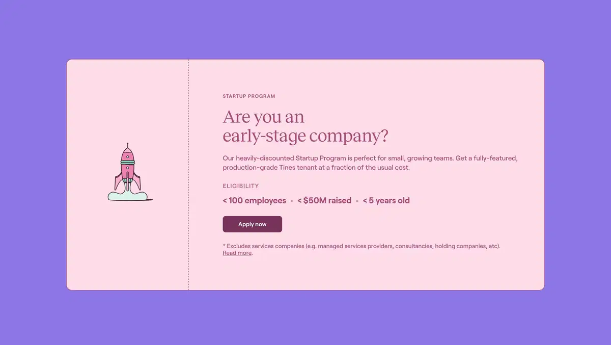 Tines Pricing Page Startup Program Section