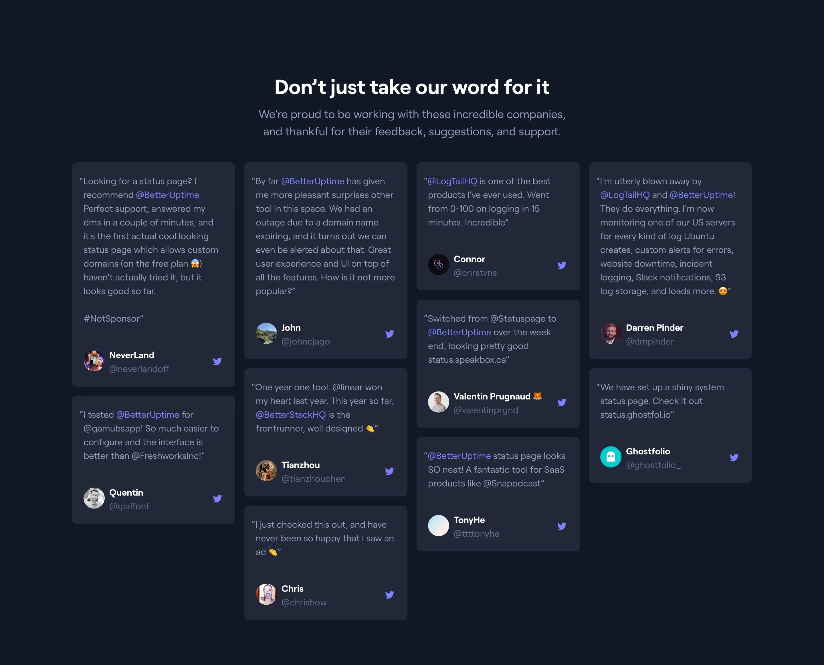 Better Stack Home Page Section Testimonials