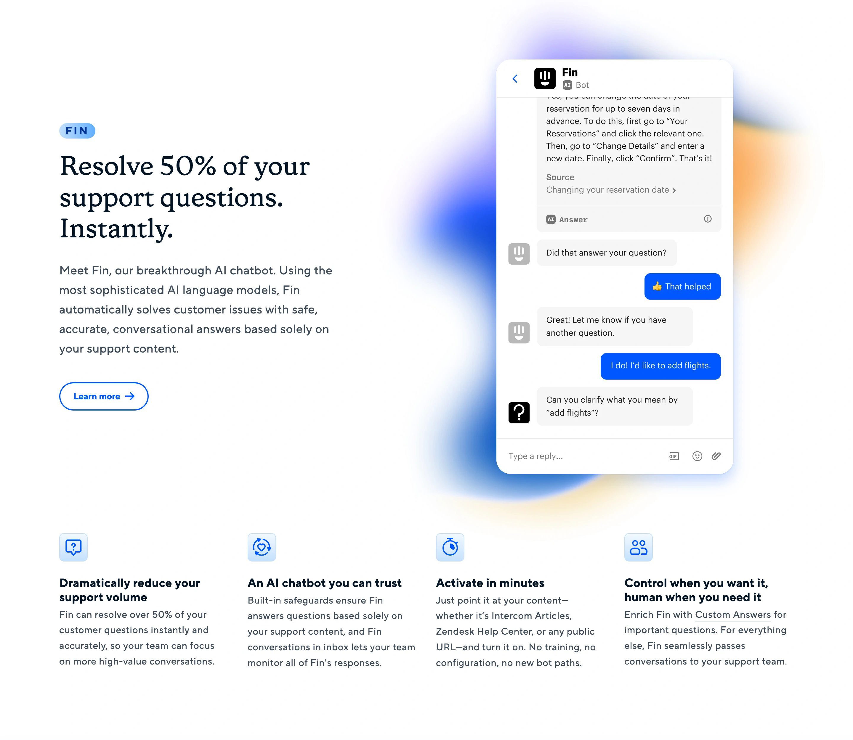Intercom Help Desk Page Section Meet Fin Feature