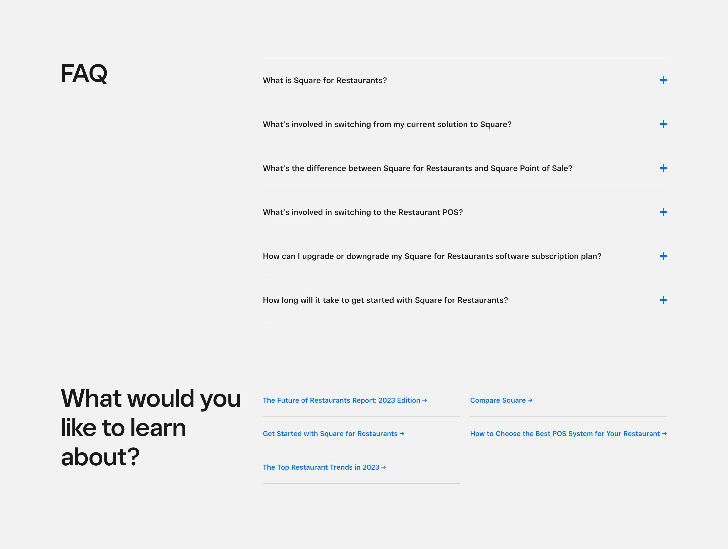 Squareup Restaurant Page Section FAQs