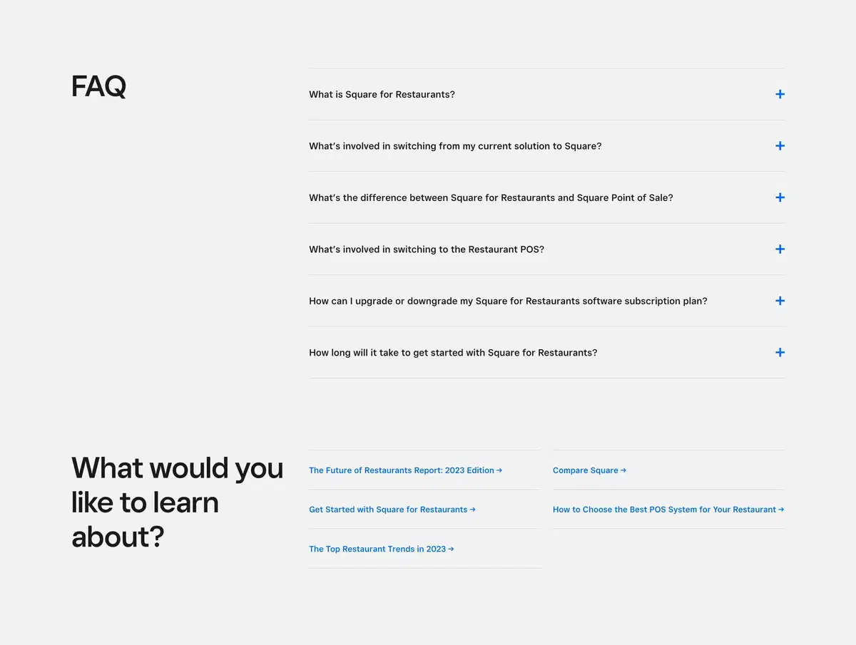 Squareup Restaurant Page Section FAQs