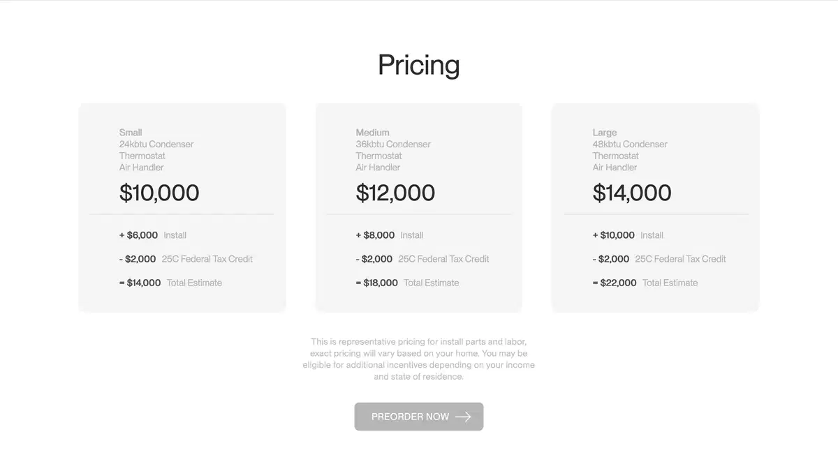 Electricair Home Page Section Pricing