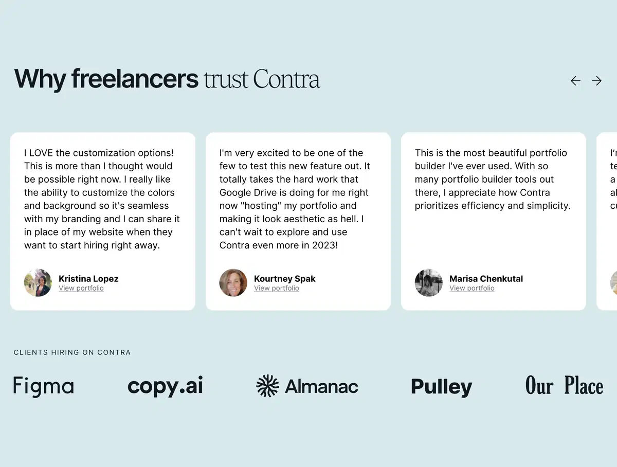 Contra Home Page Section Testimonials