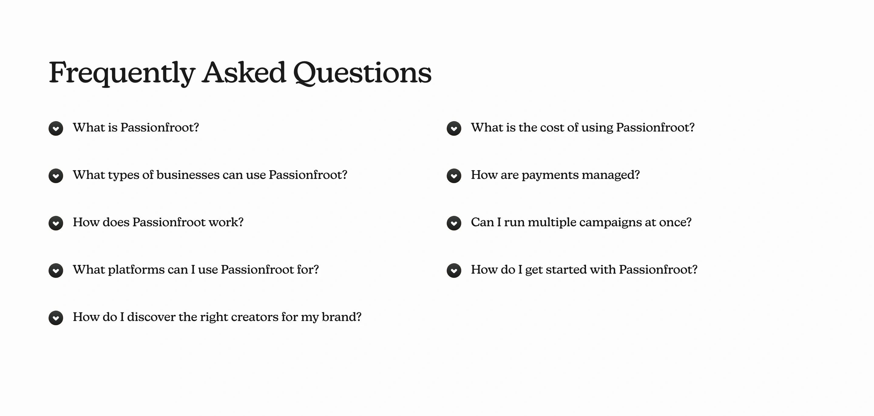 Passionfroot Home Page Section FAQs