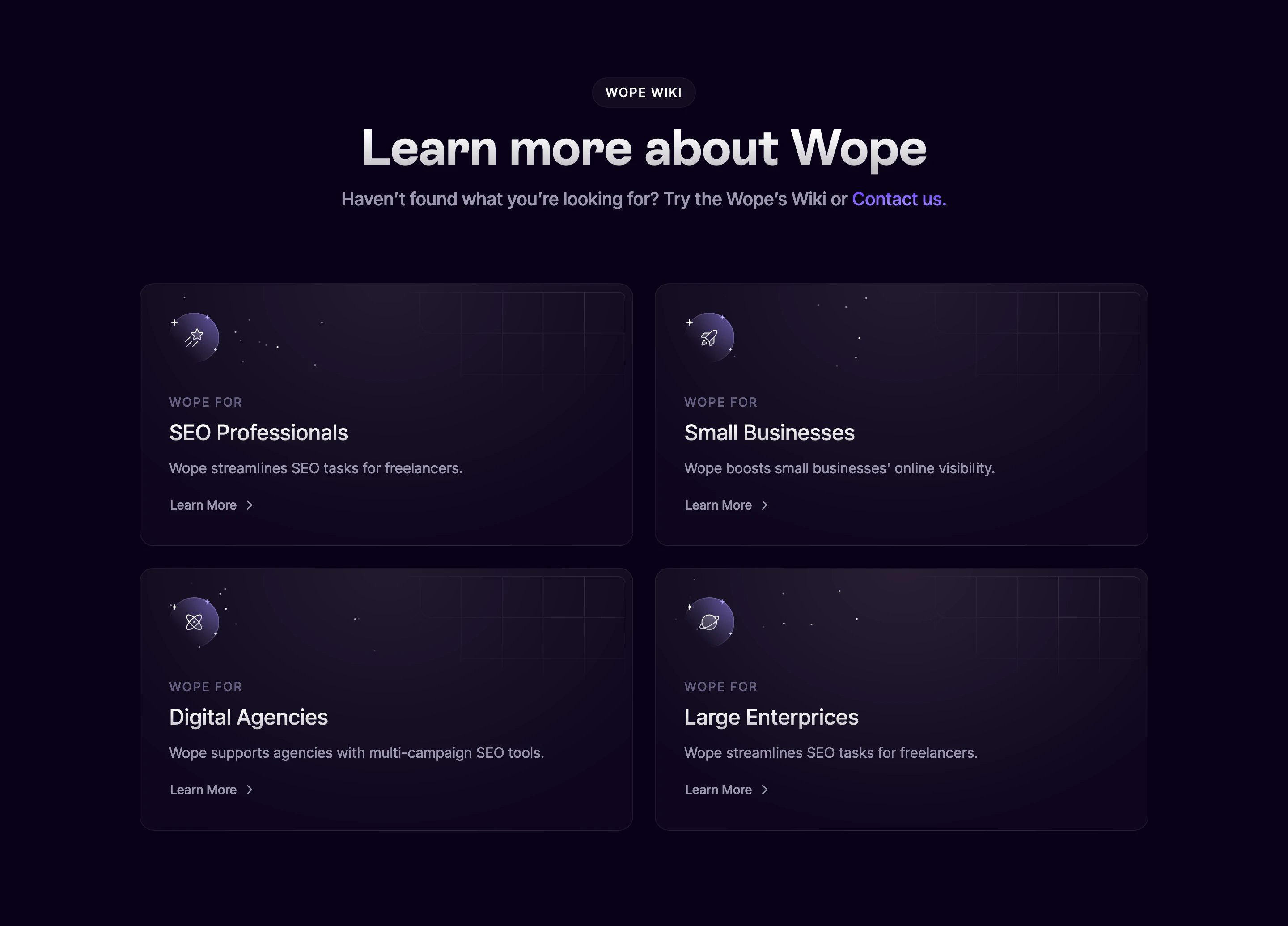 Wope Pricing Page Section Learn More