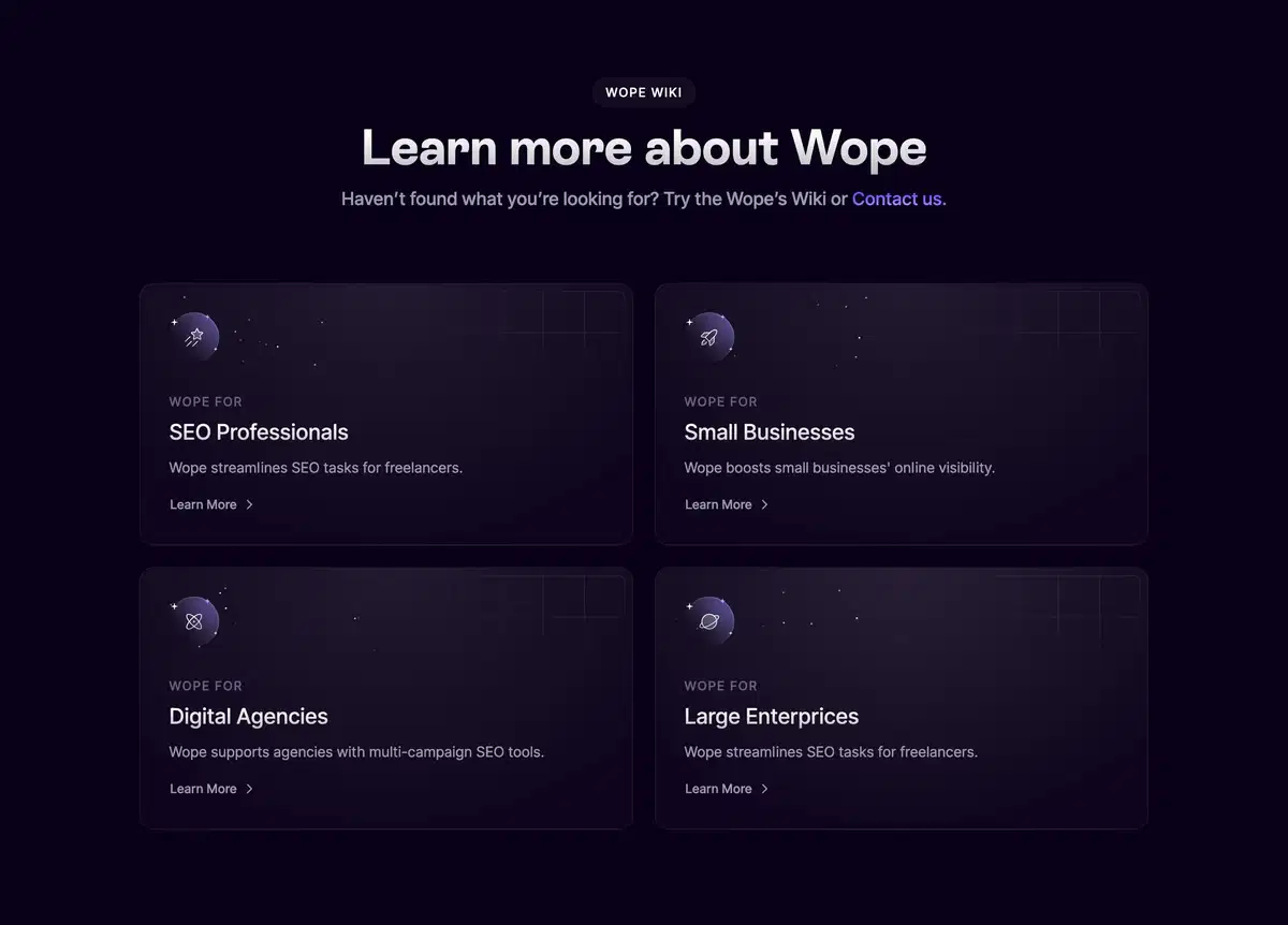 Wope Pricing Page Section Learn More