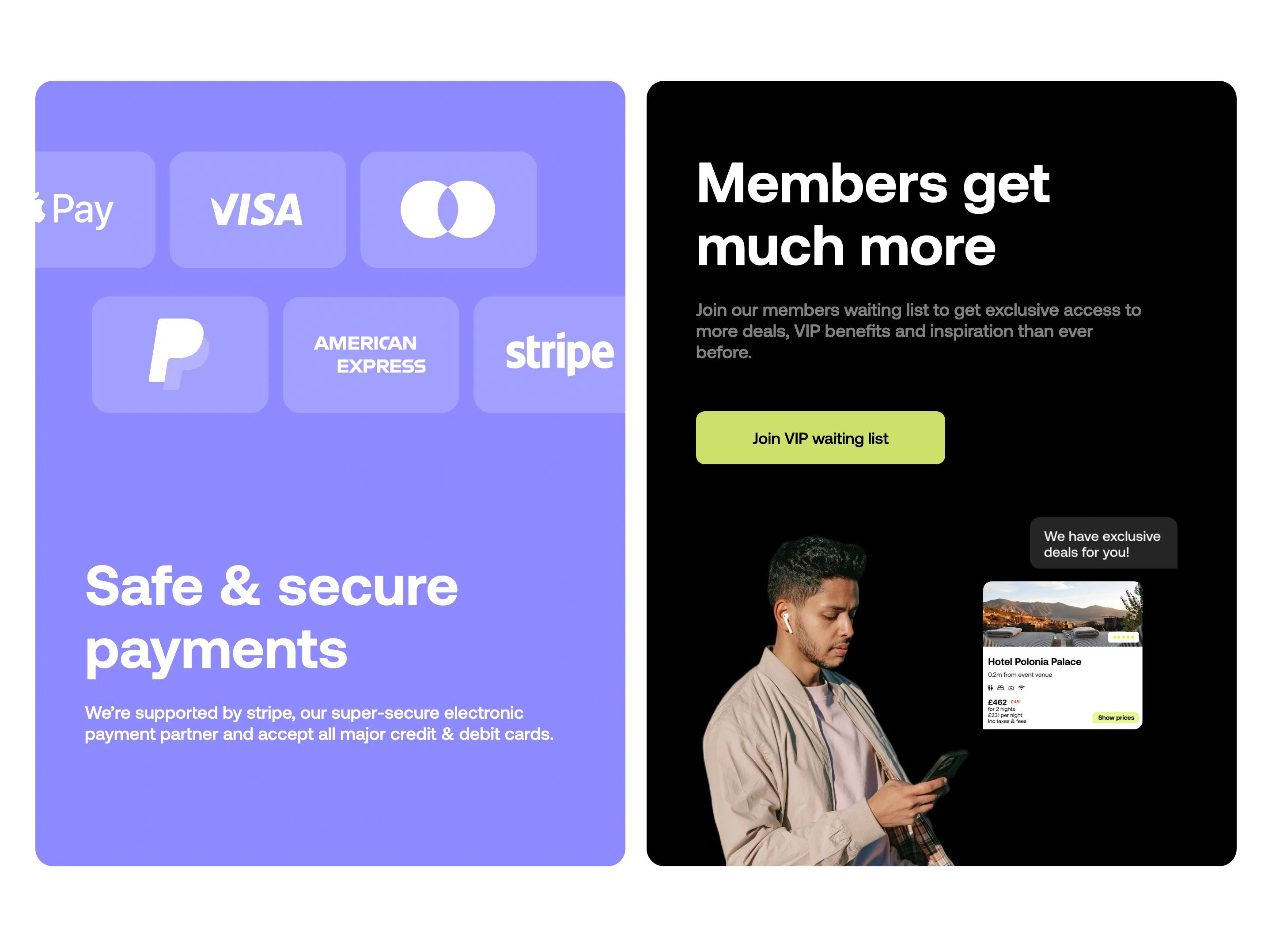 Eventbeds Home Page Section Secure Payments and Member Benefits