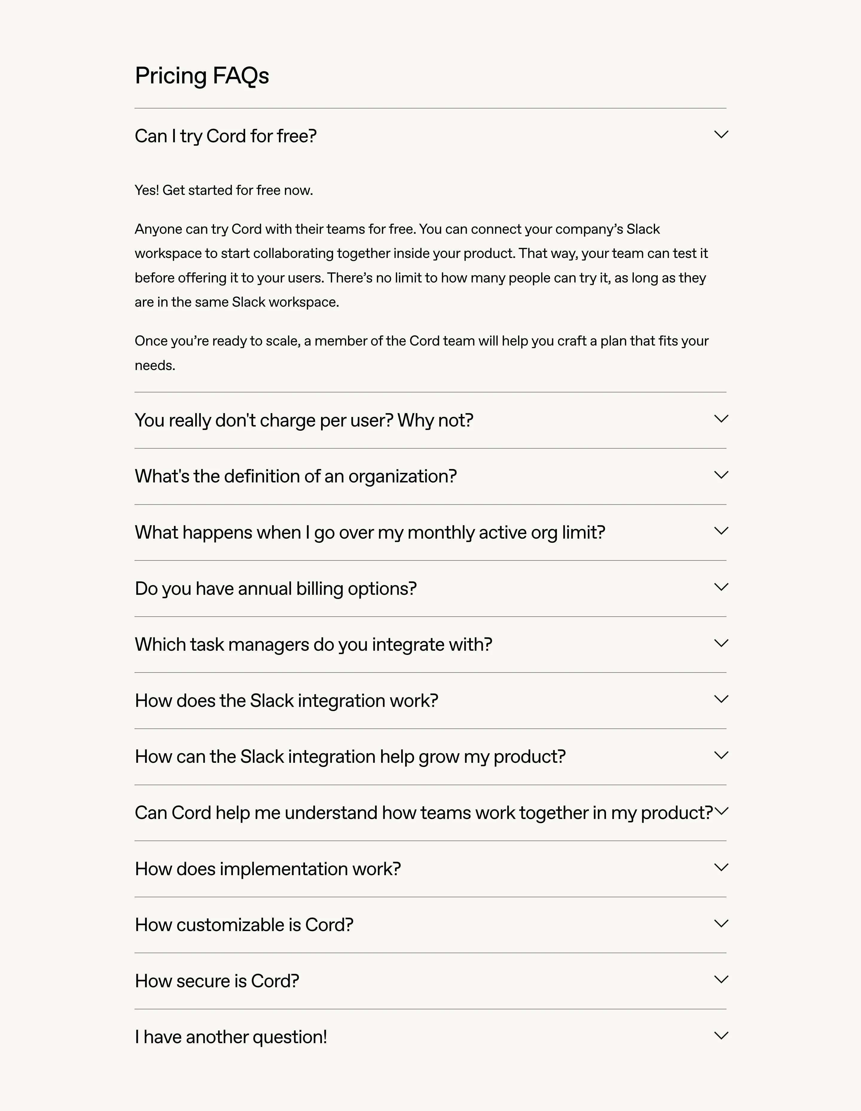 Cord Pricing Page Section FAQ