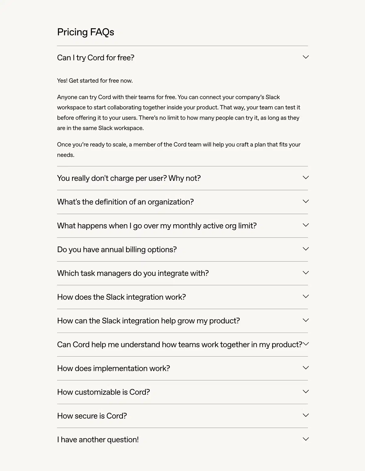Cord Pricing Page Section FAQ