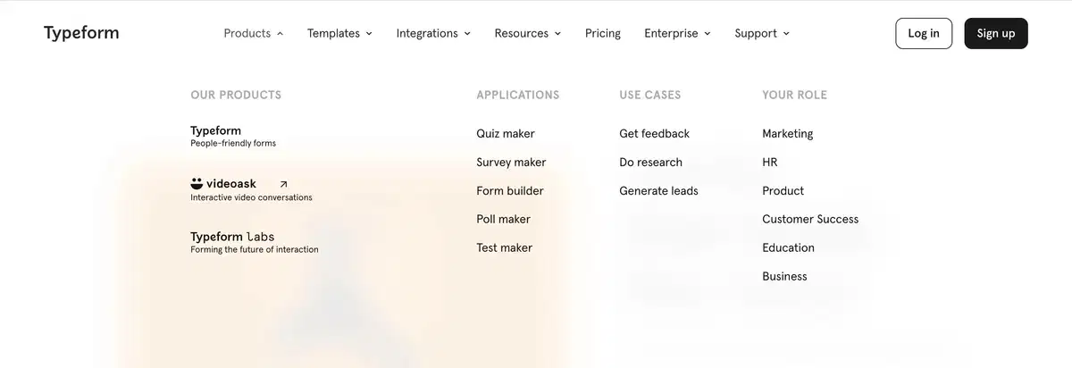 Typeform Navbar Menu Product
