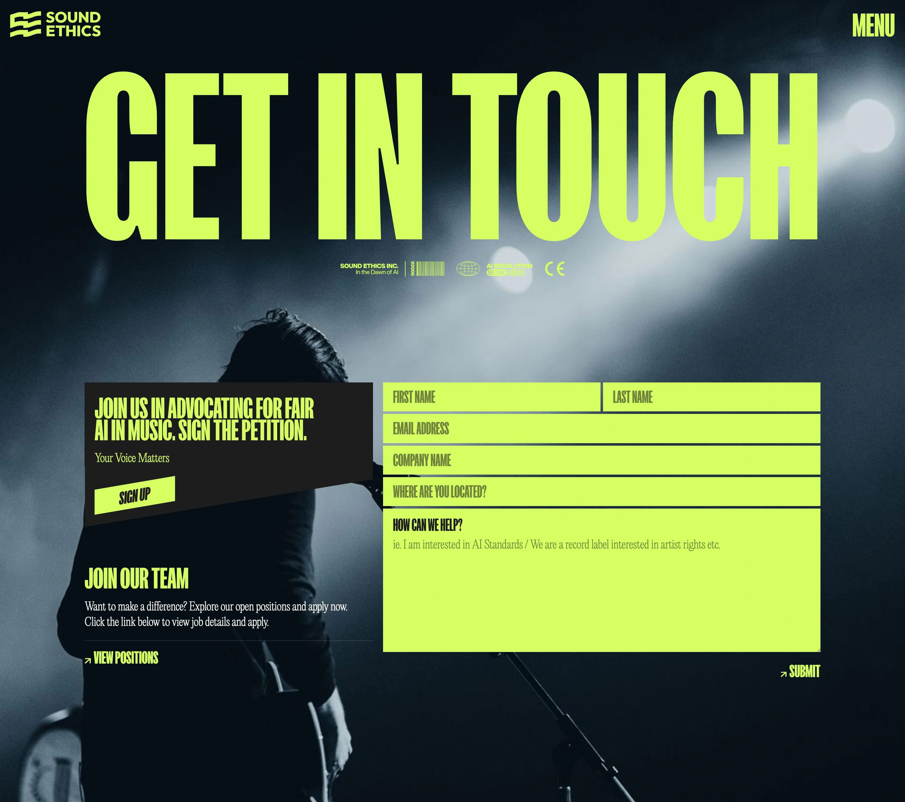 Sound Ethics Contact Page Section Form