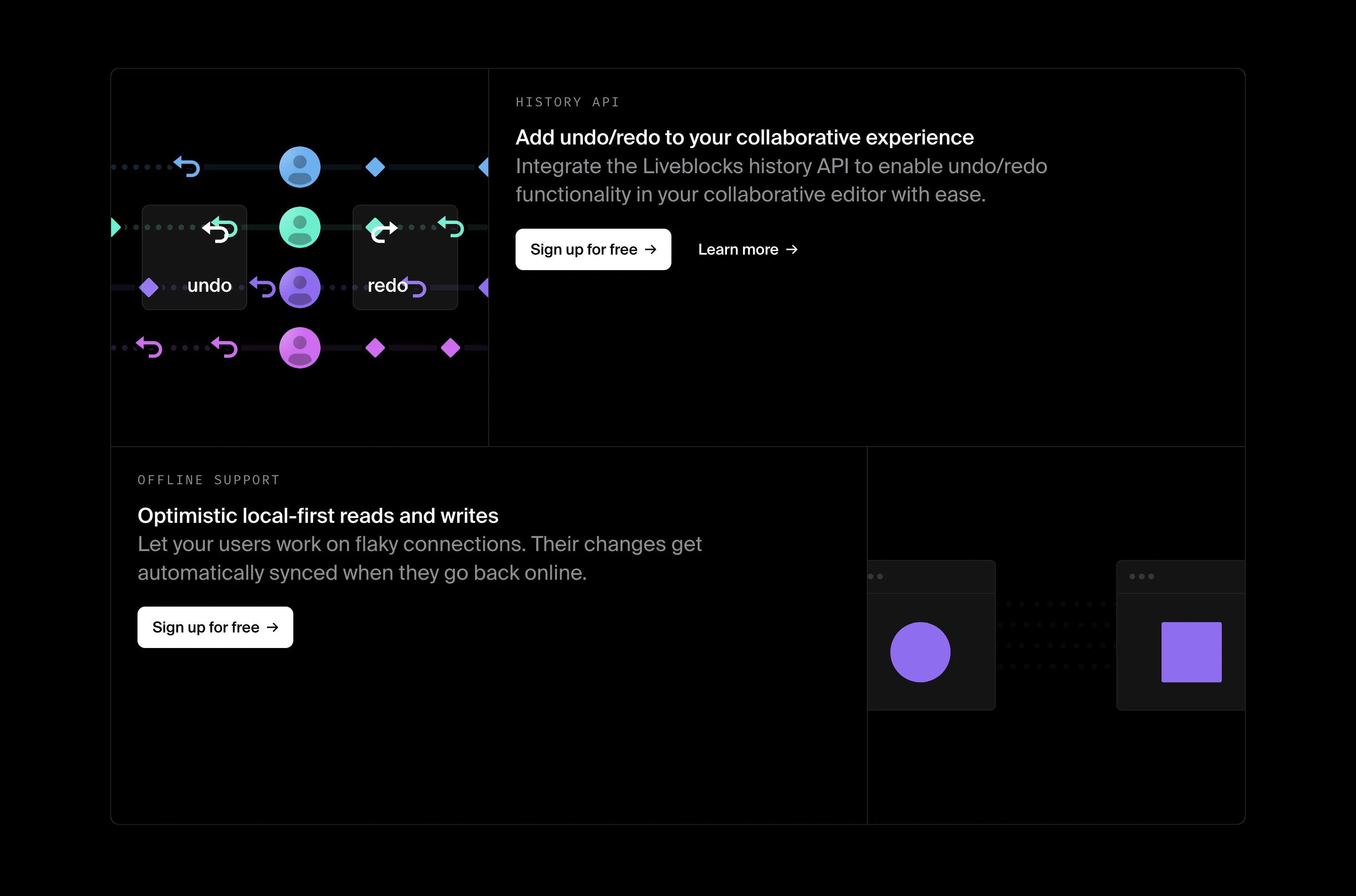 Liveblocks Realtime APIs Page Section Benefits