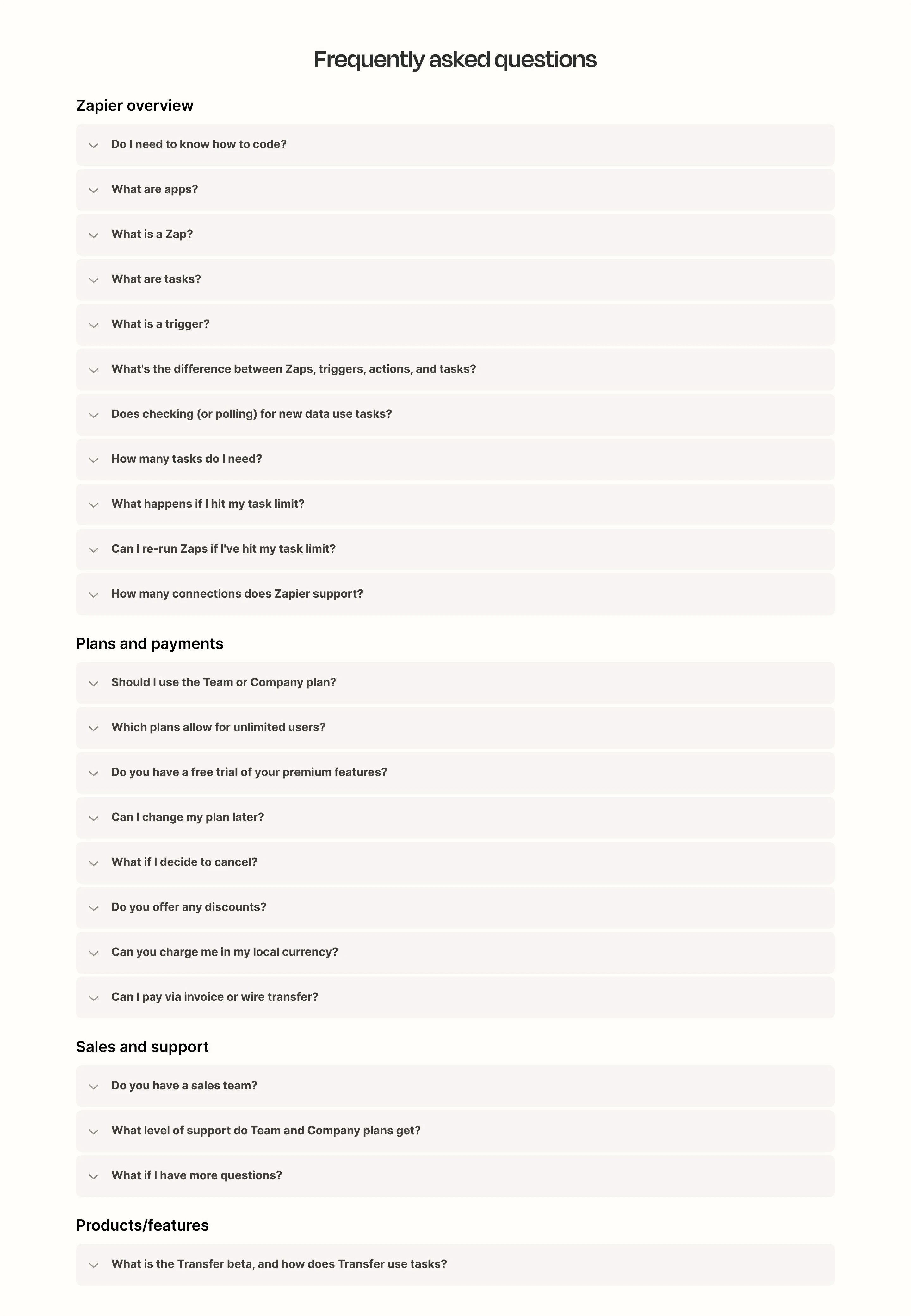 Zapier Pricing Page Section FAQ