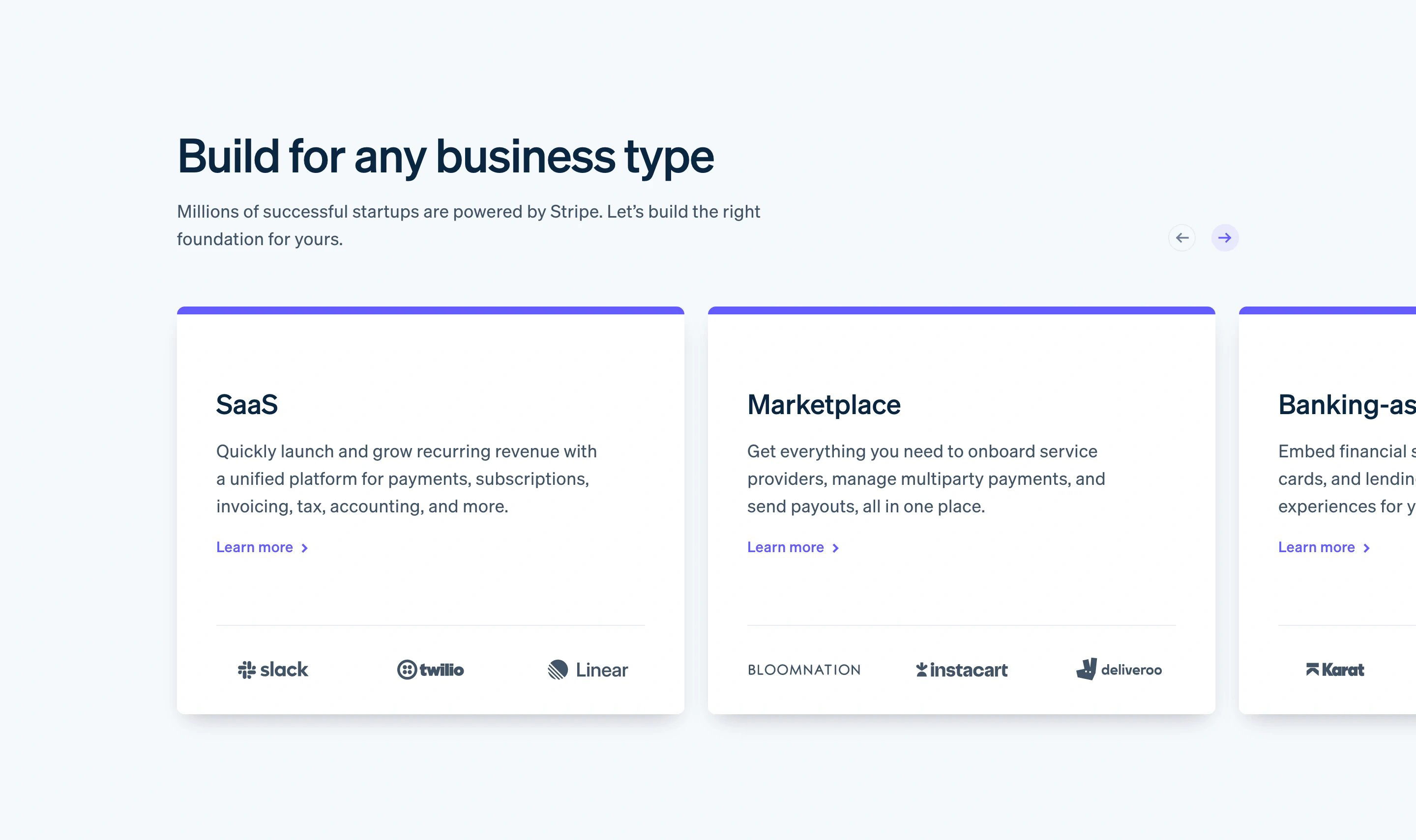 Stripe Startup Page Section Business Type