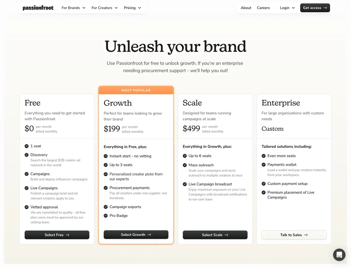 Passionfroot Pricing Page Section Pricing.webp