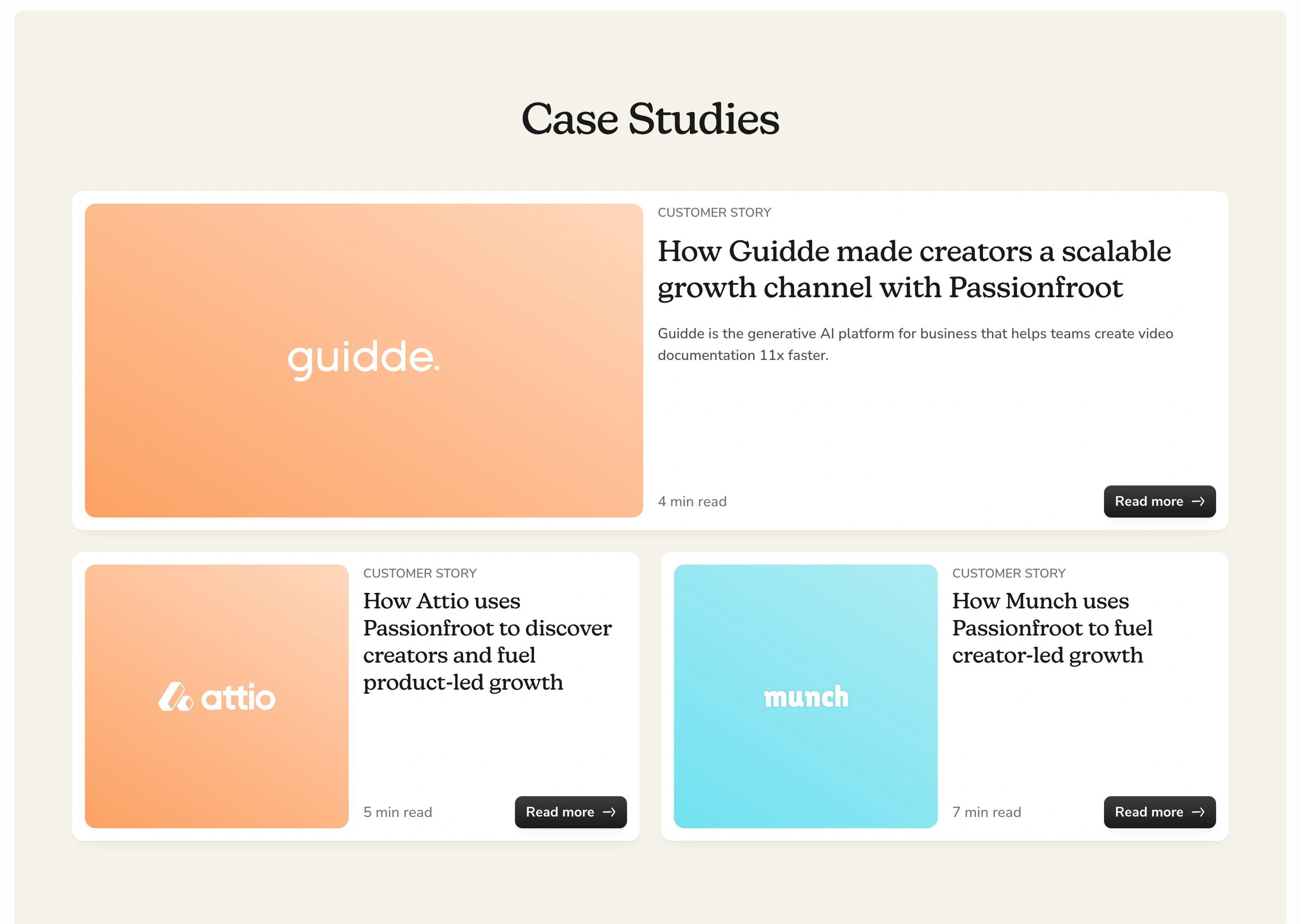 Passionfroot Home Page Section Case Studies