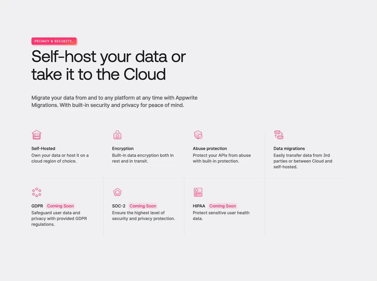 Appwrite Home Page Section Security Feature