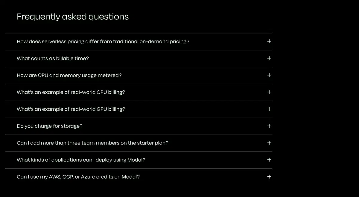 Modal Pricing Page Section FAQs