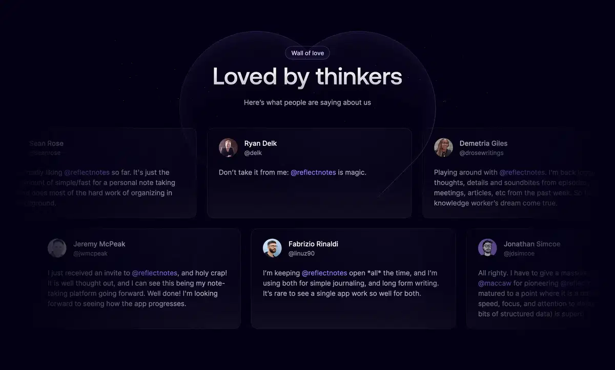 Reflect Home Page Section Wall of Love