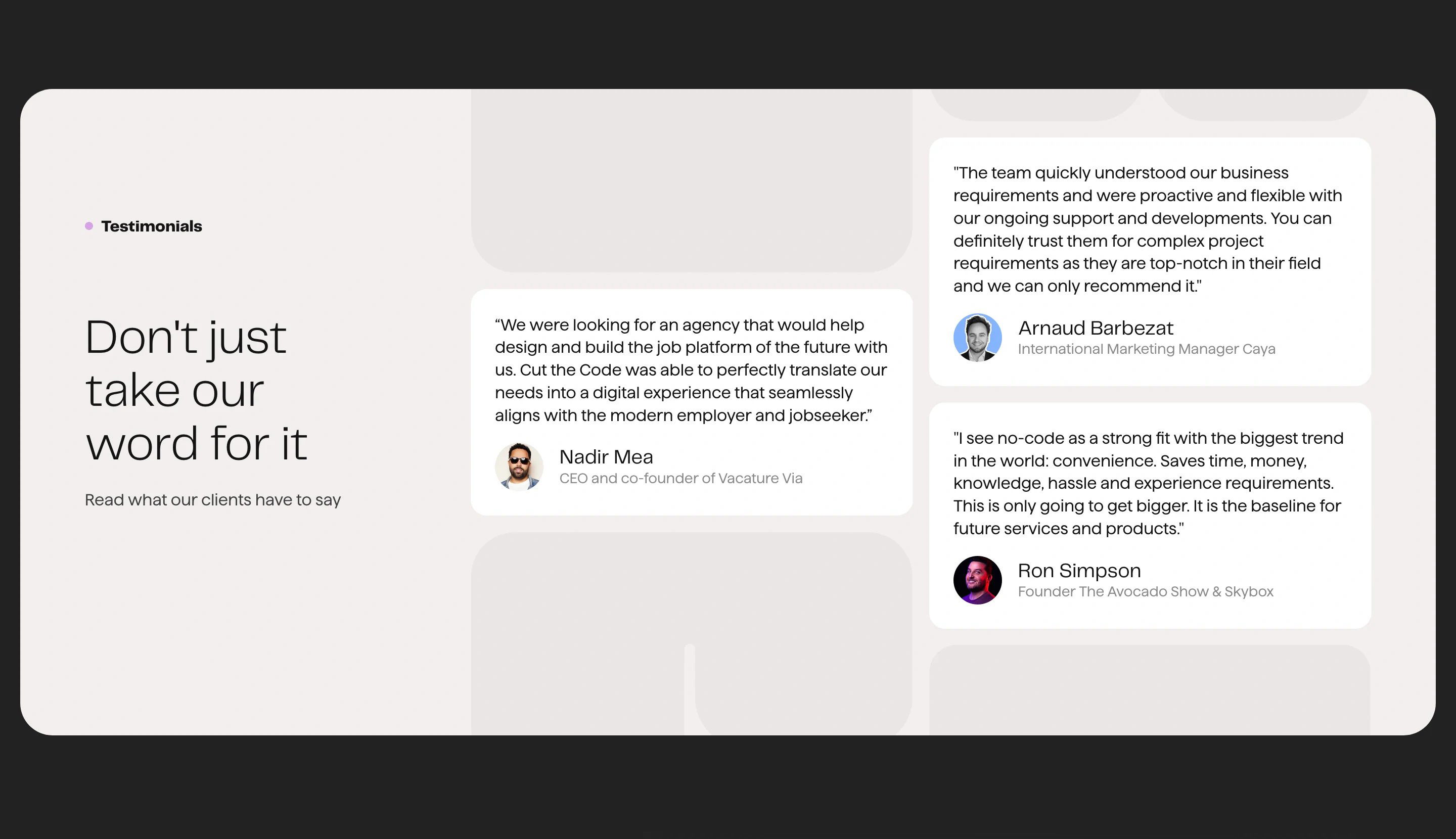 Cut The Code Home Page Section Testimonials