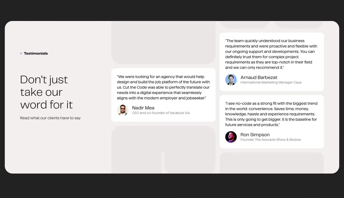 Cut The Code Home Page Section Testimonials