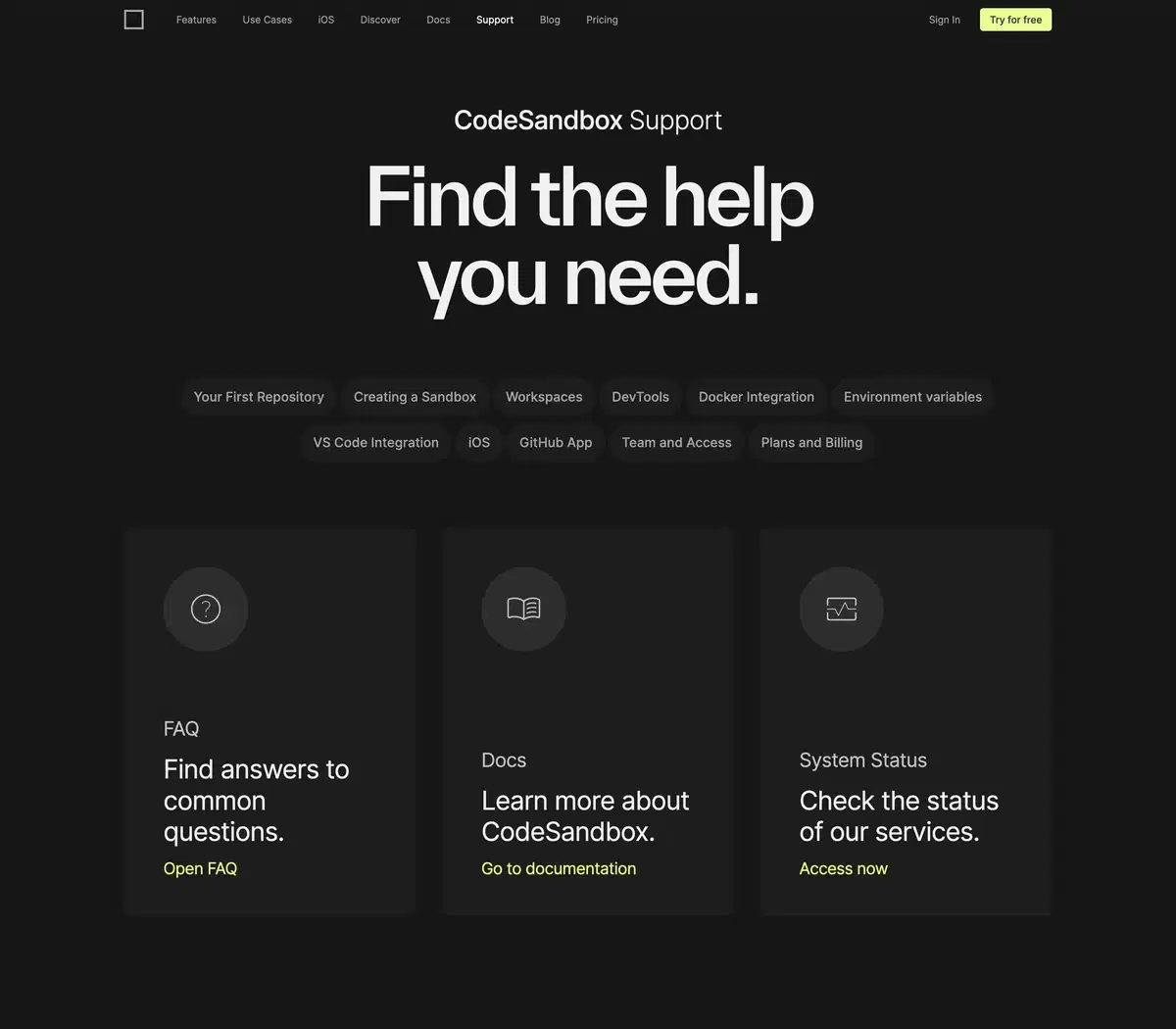 Codesandbox Support Page Section Hero