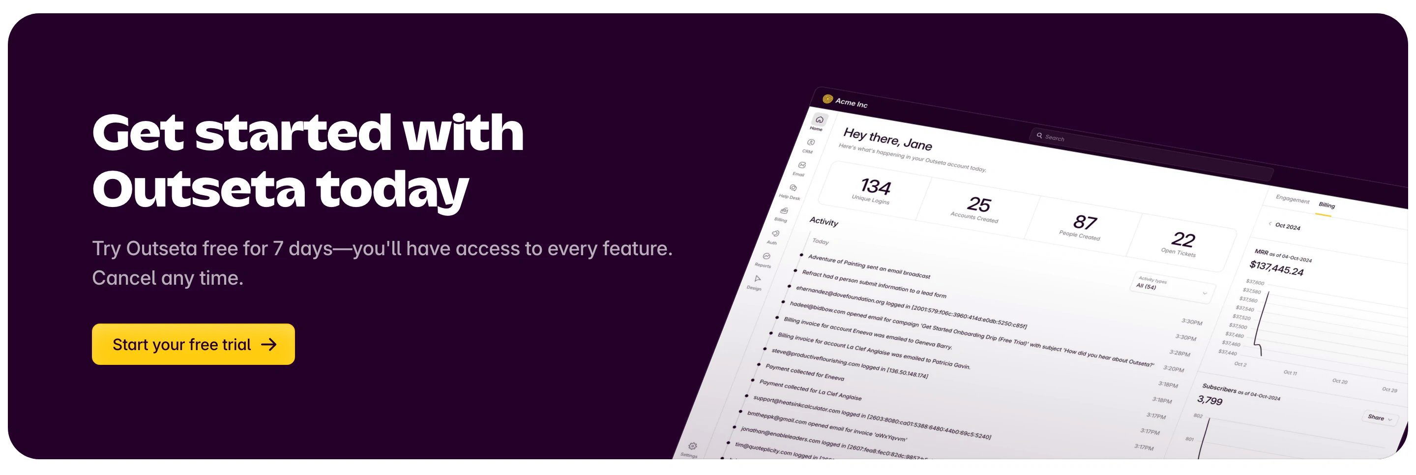 Outseta Home Page Section Get Started CTA
