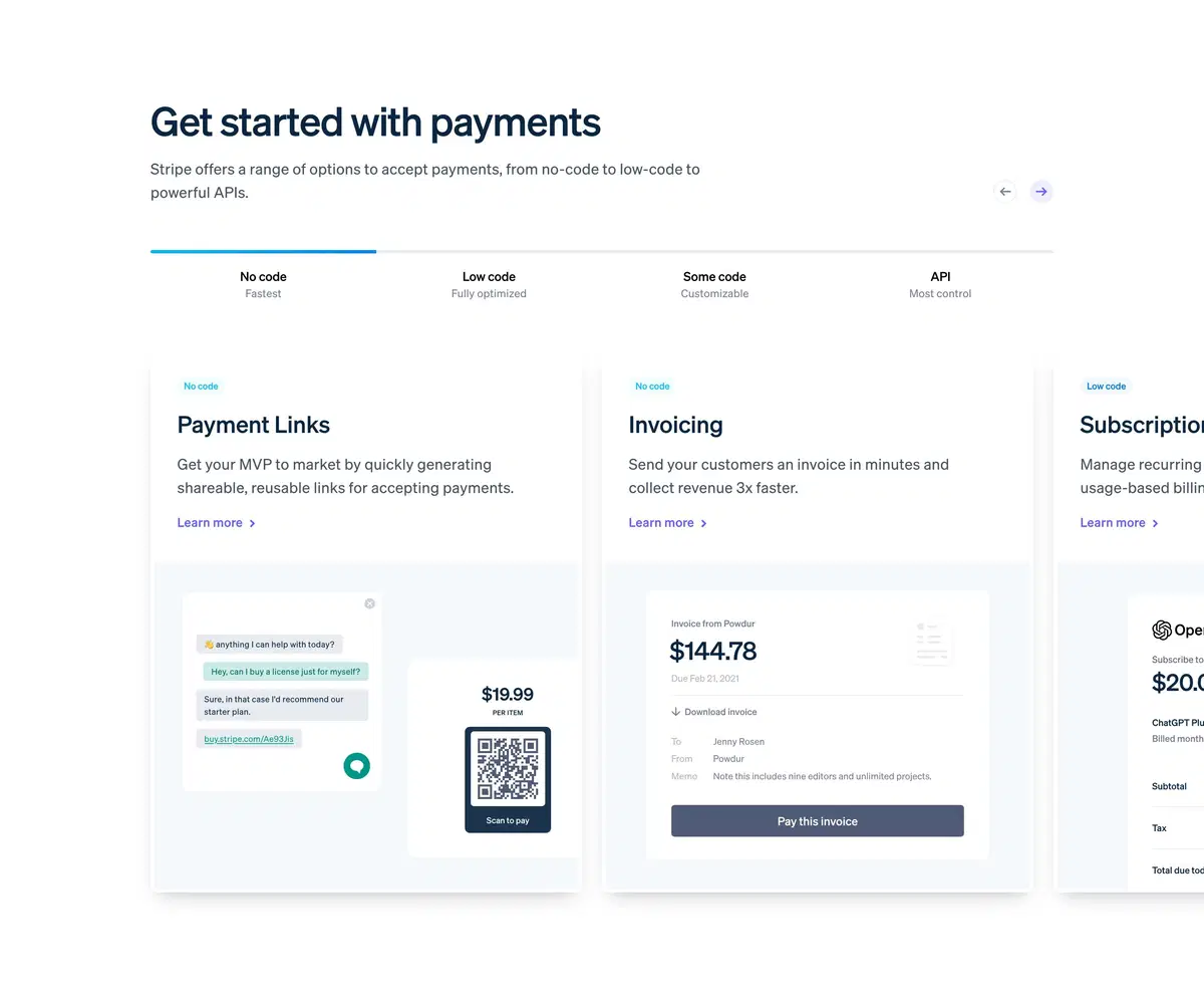 Stripe Startup Page Section Payment Feature