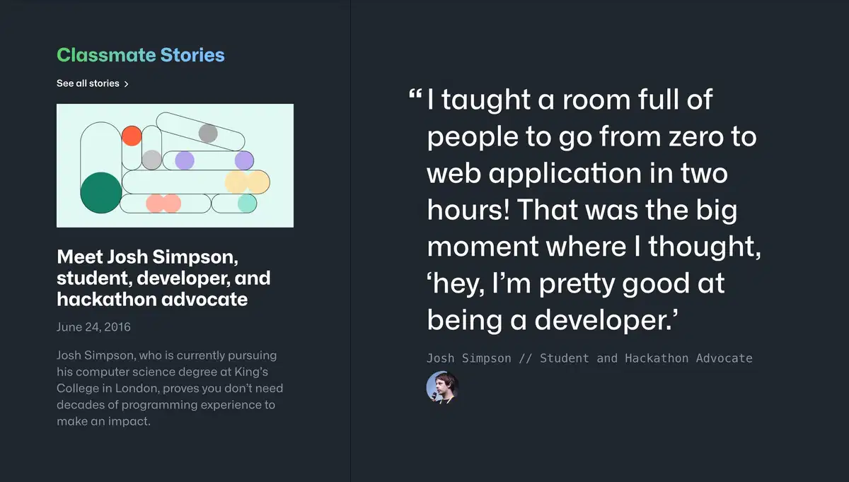 GitHub Education Page Section Stories