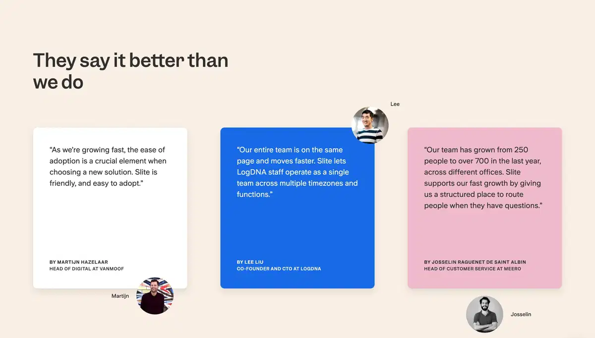 Slite Pricing Page Section Testimonials