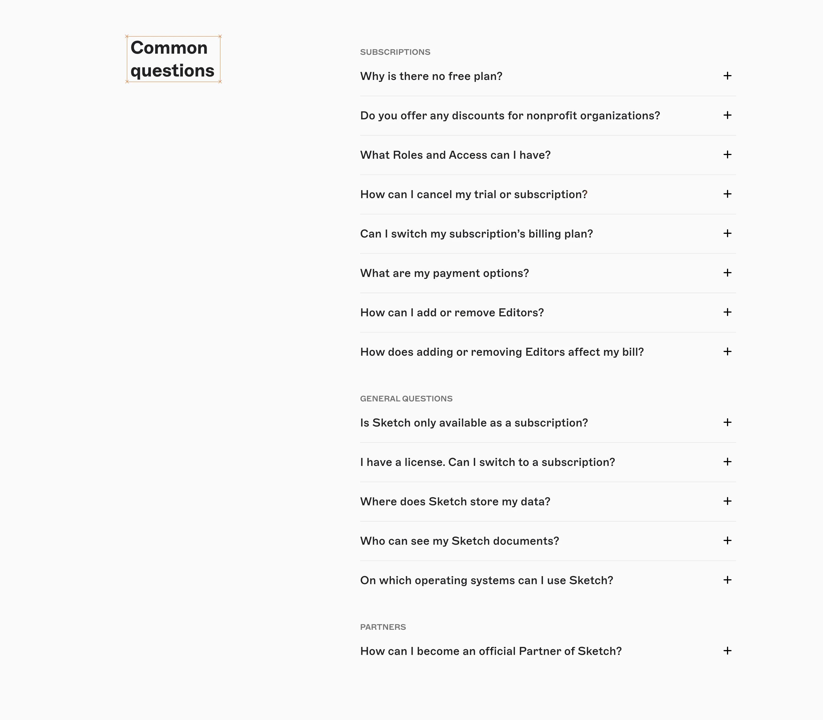 Sketch Pricing Page Section FAQs