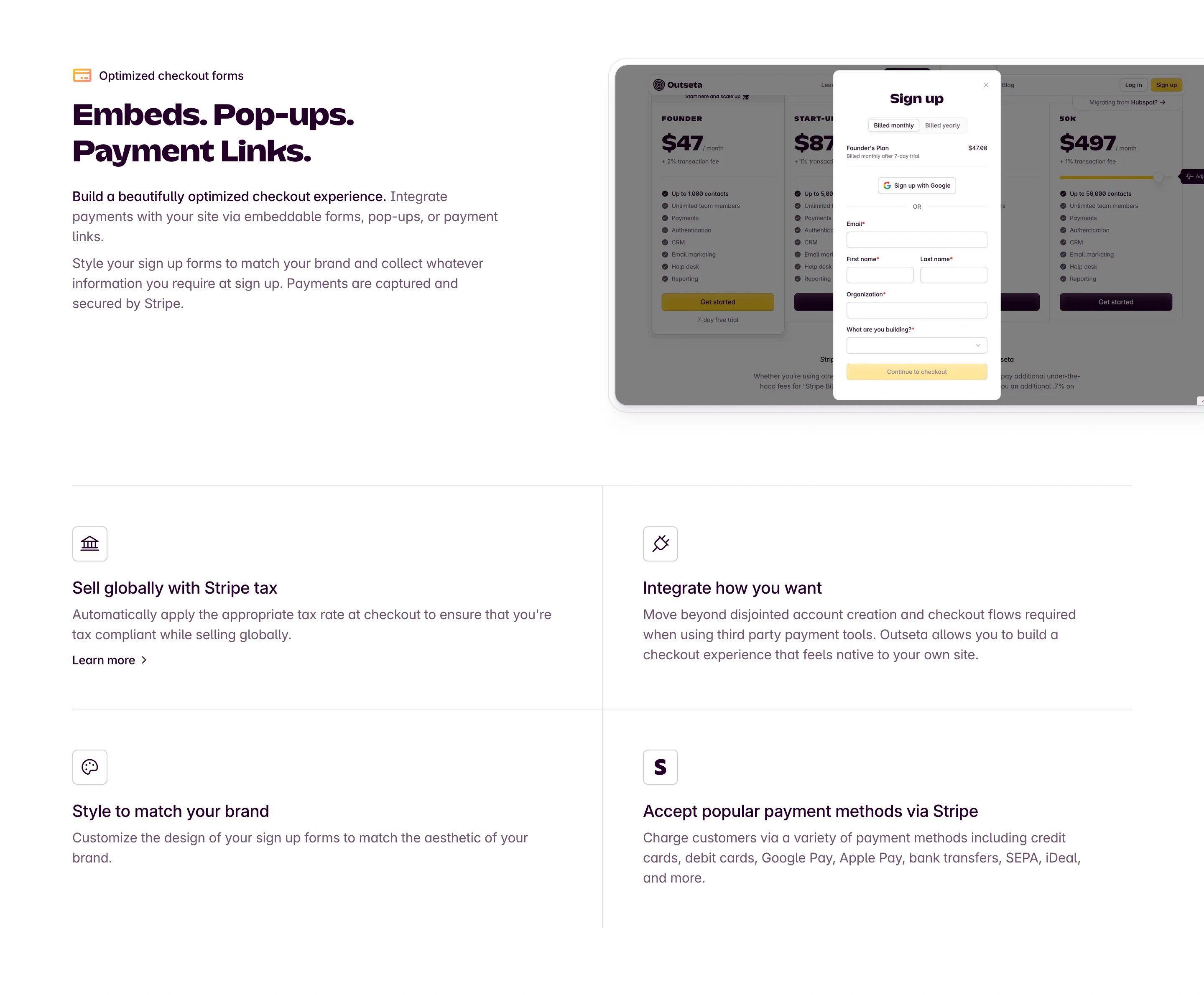 Outseta Payment Page Section Optimized Checkout Forms Feature