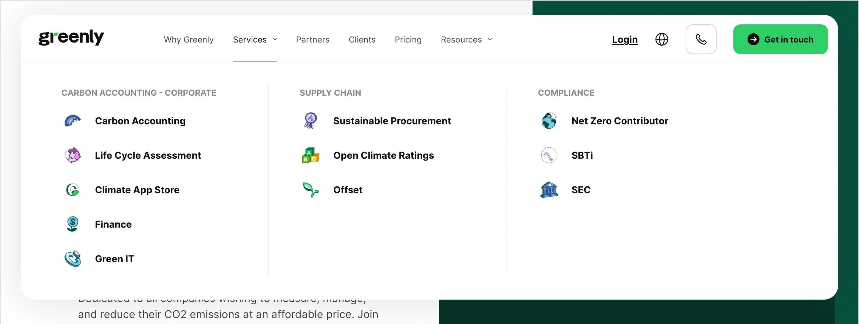 Greenly Navbar Menu Services