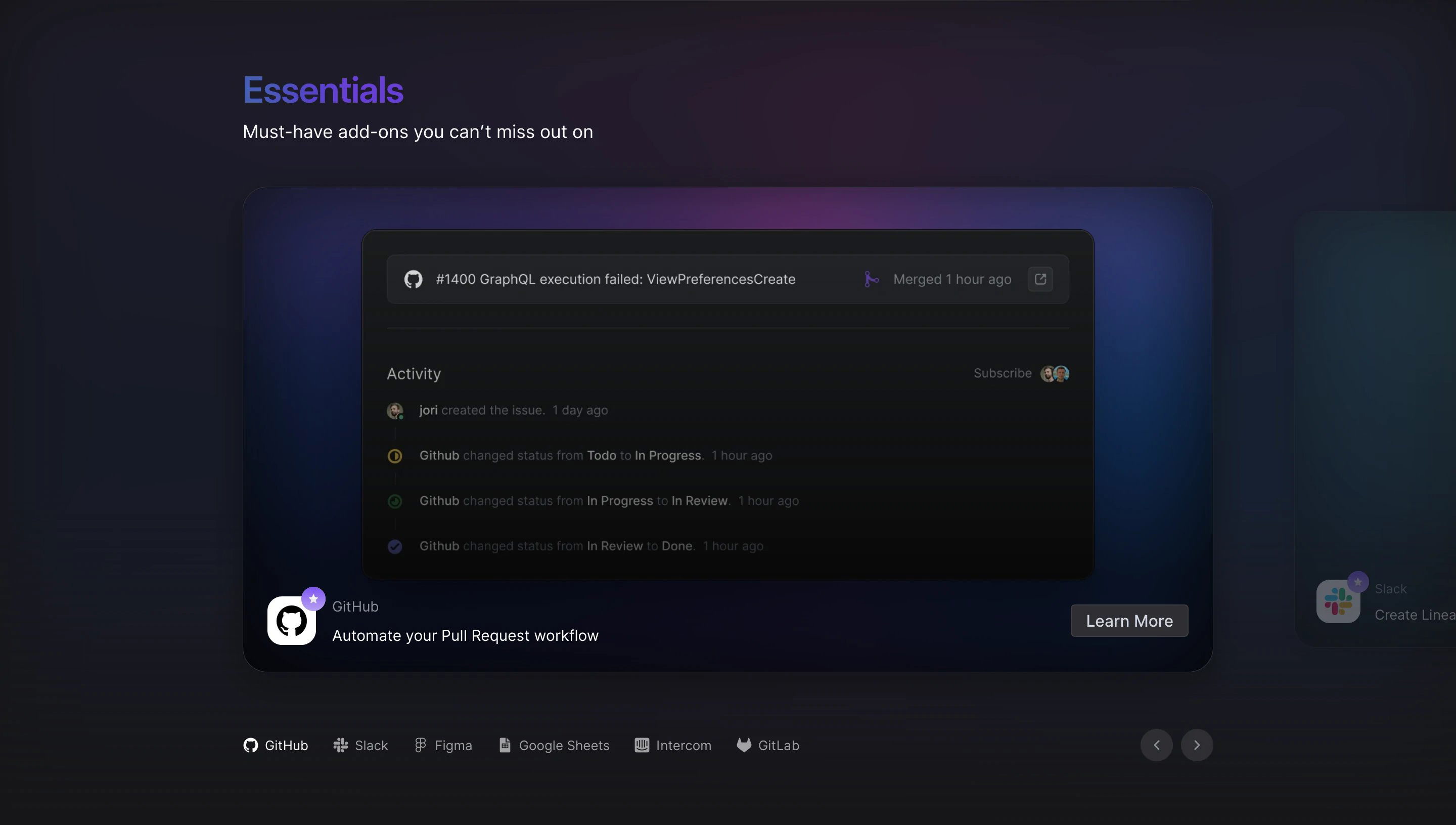 Linear Home Page Section Issue Tracking Feature