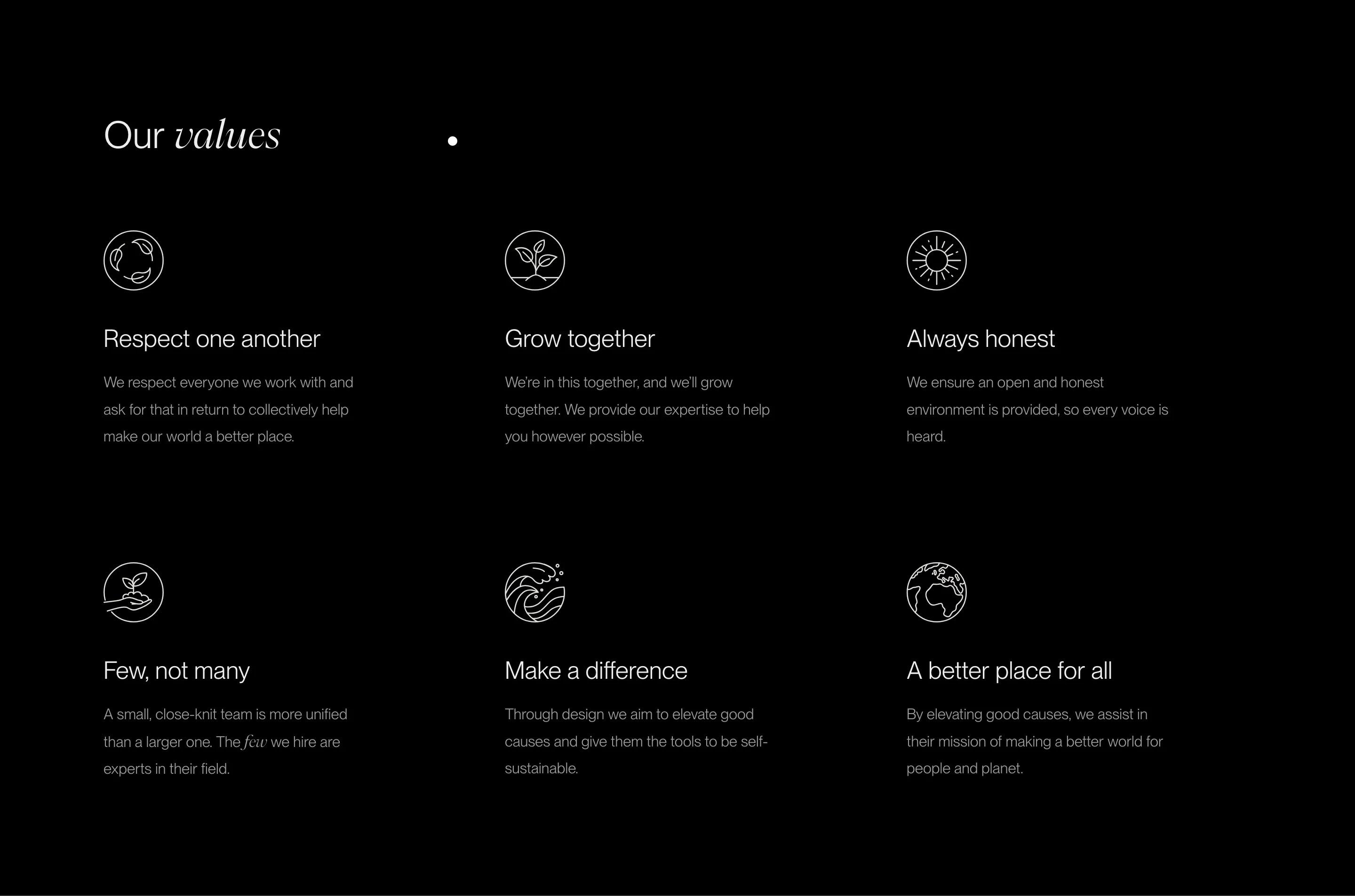 Few and Far About Page Section Our Values