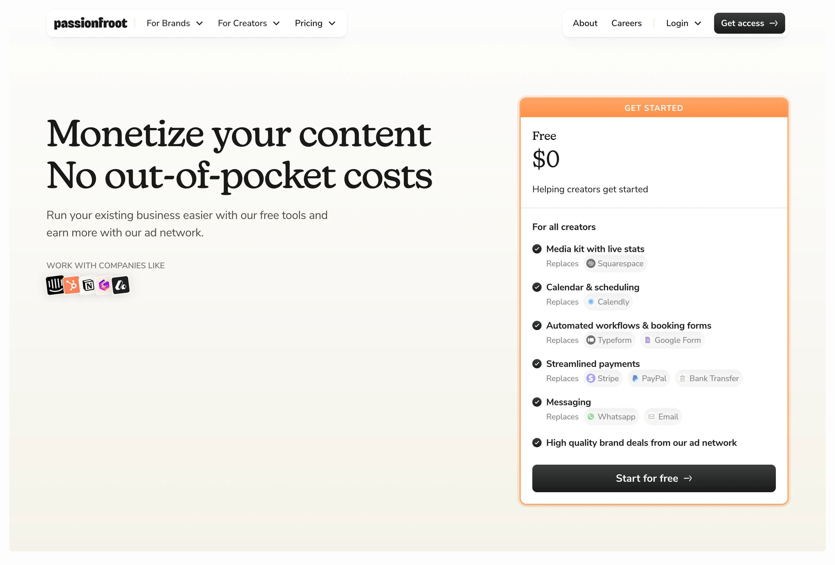 Passionfroot Creator Pricing Page Section Pricing