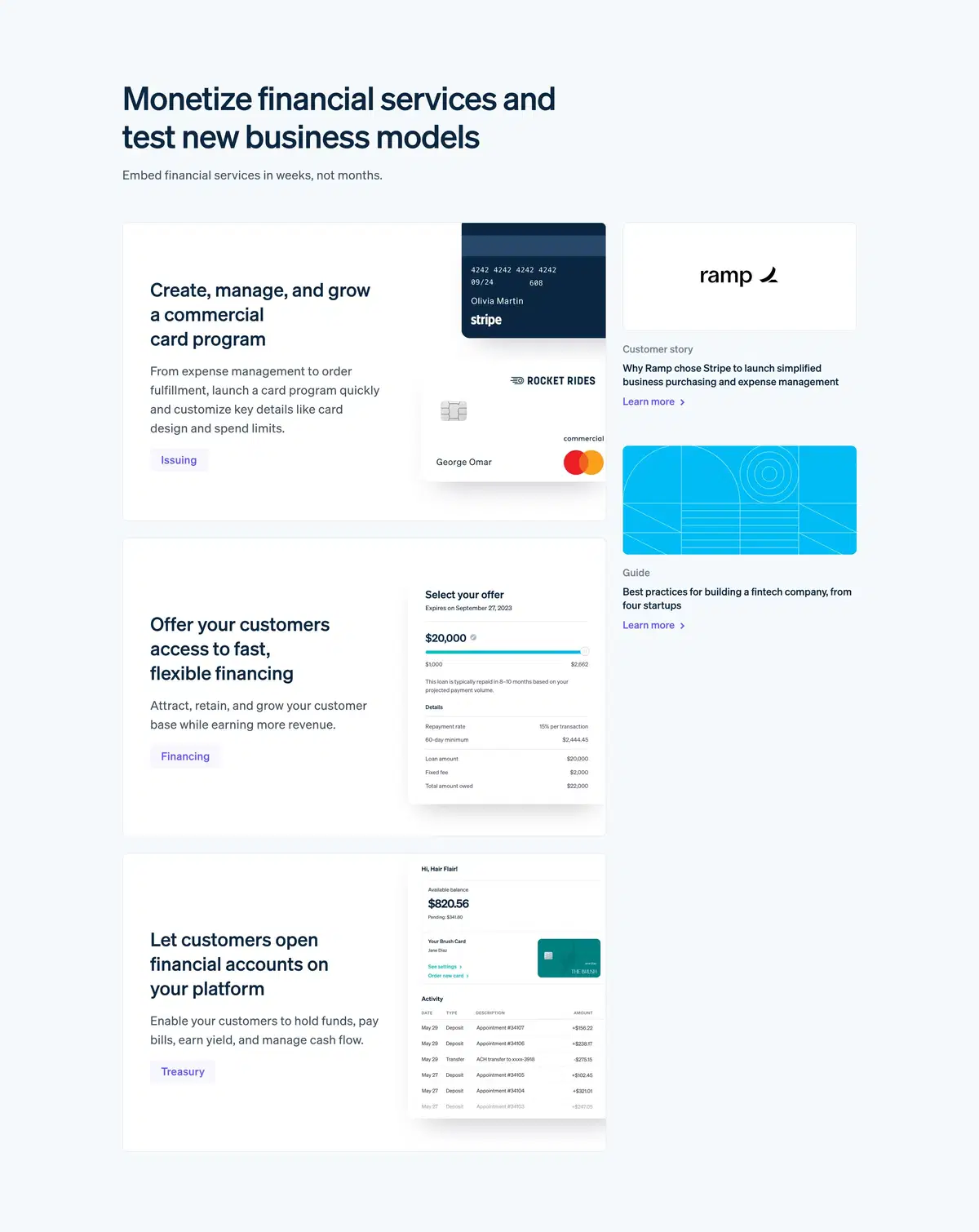 Stripe Startup Page Section Monetize Financial Services