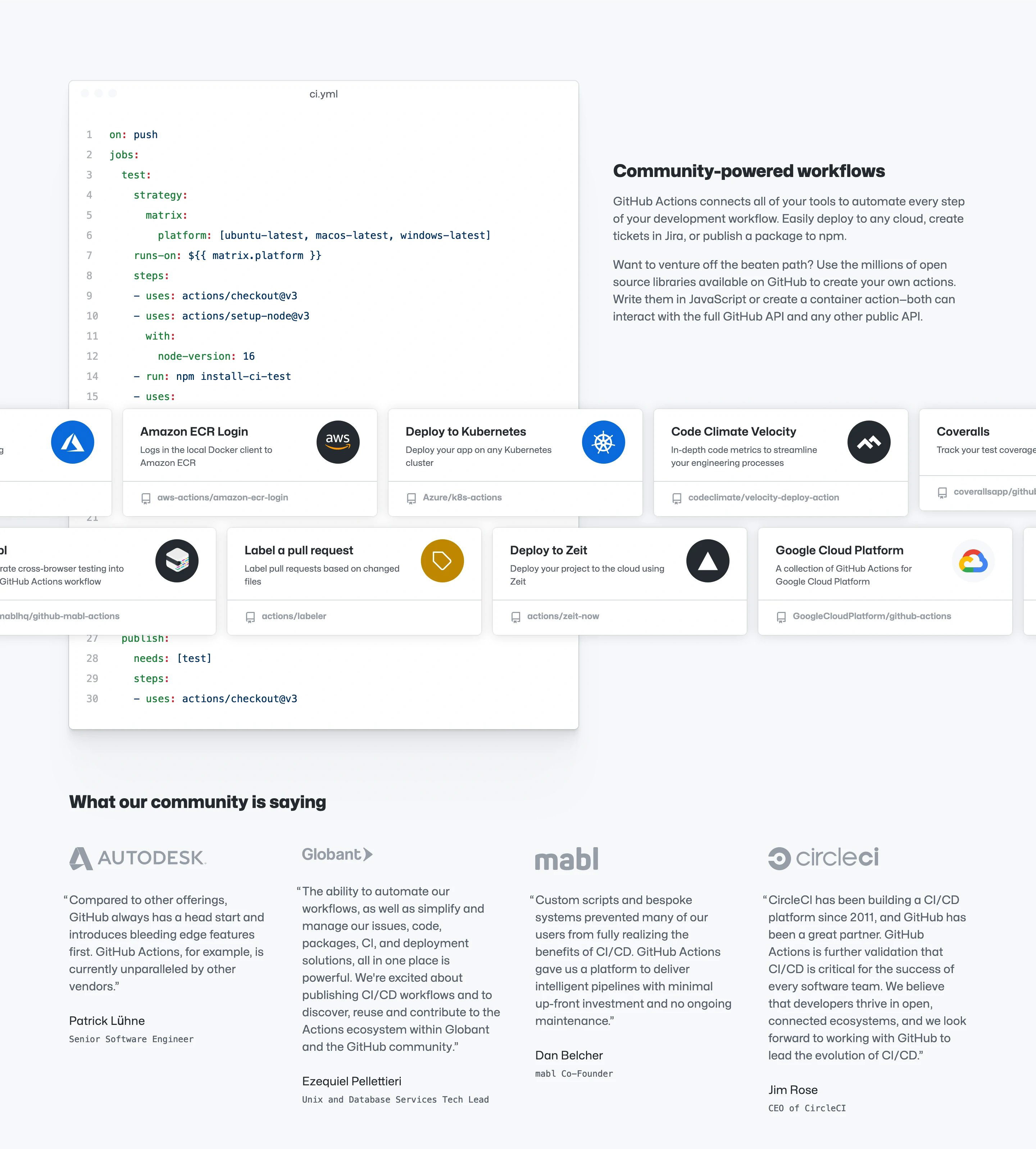 GitHub Actions Page Section Integration