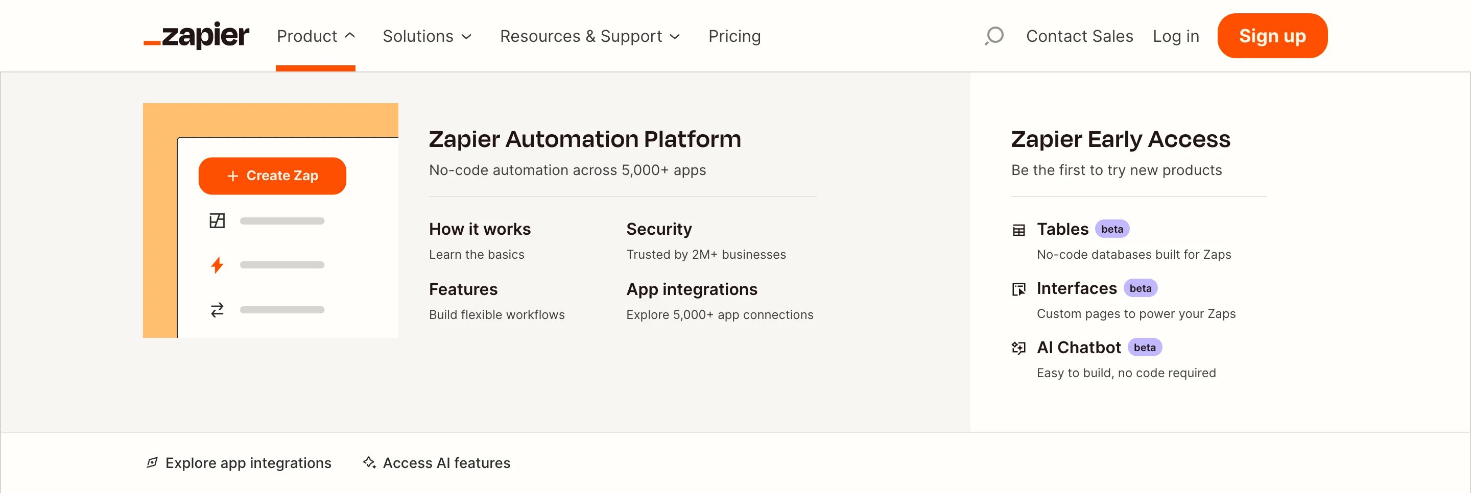 Zapier Navbar Menu Products